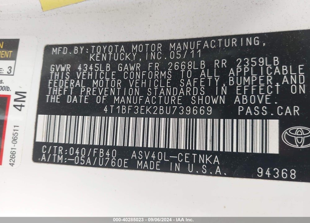 2011 TOYOTA CAMRY LE VIN: 4T1BF3EK2BU739669