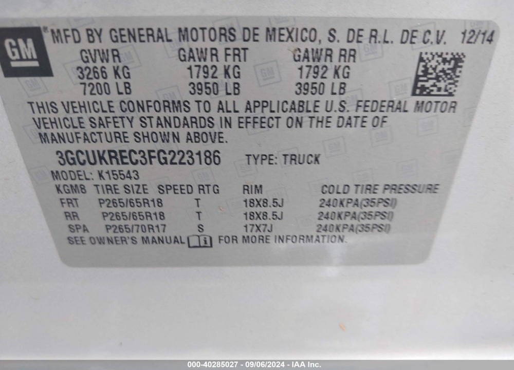 2015 CHEVROLET SILVERADO 1500 2LT VIN: 3GCUKREC3FG223186