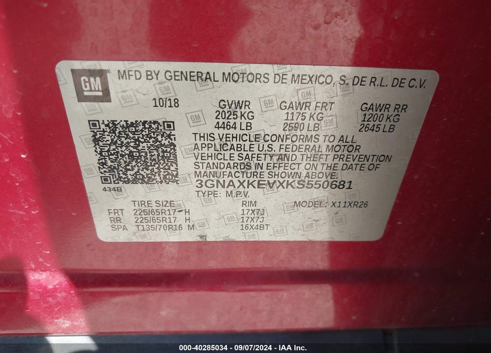 2019 CHEVROLET EQUINOX LT VIN: 3GNAXKEVXKS550681