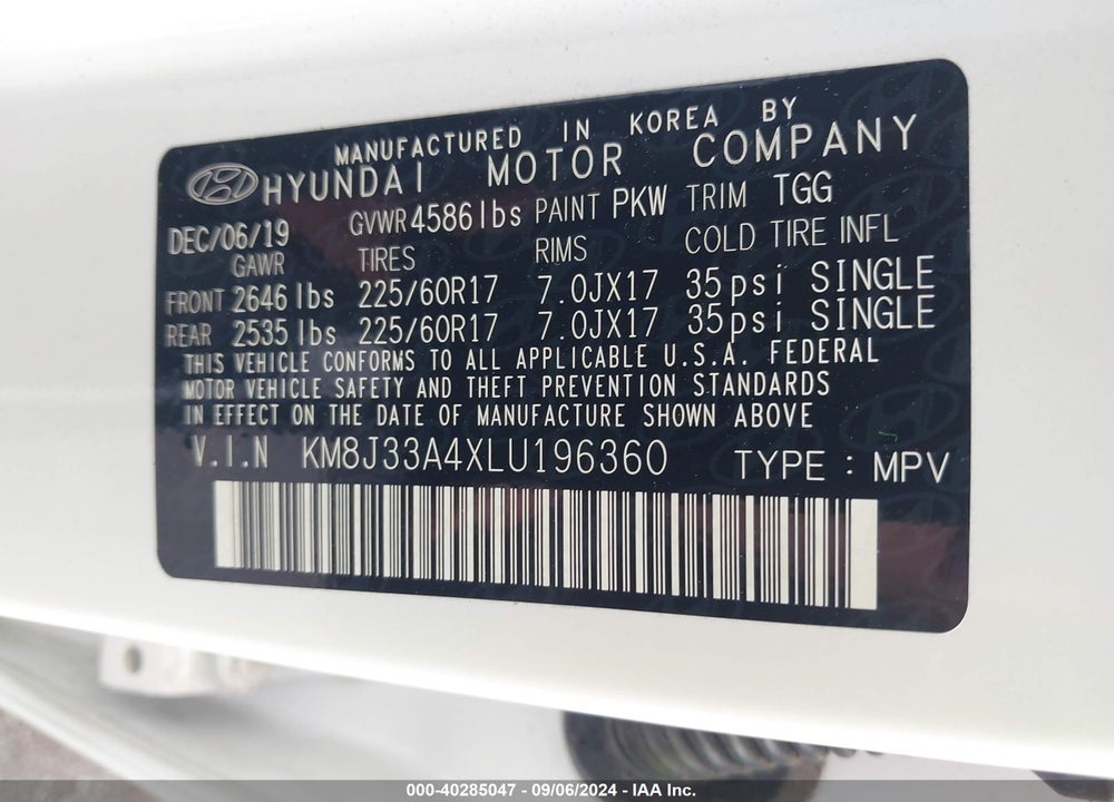 2020 HYUNDAI TUCSON VALUE VIN: KM8J33A4XLU196360