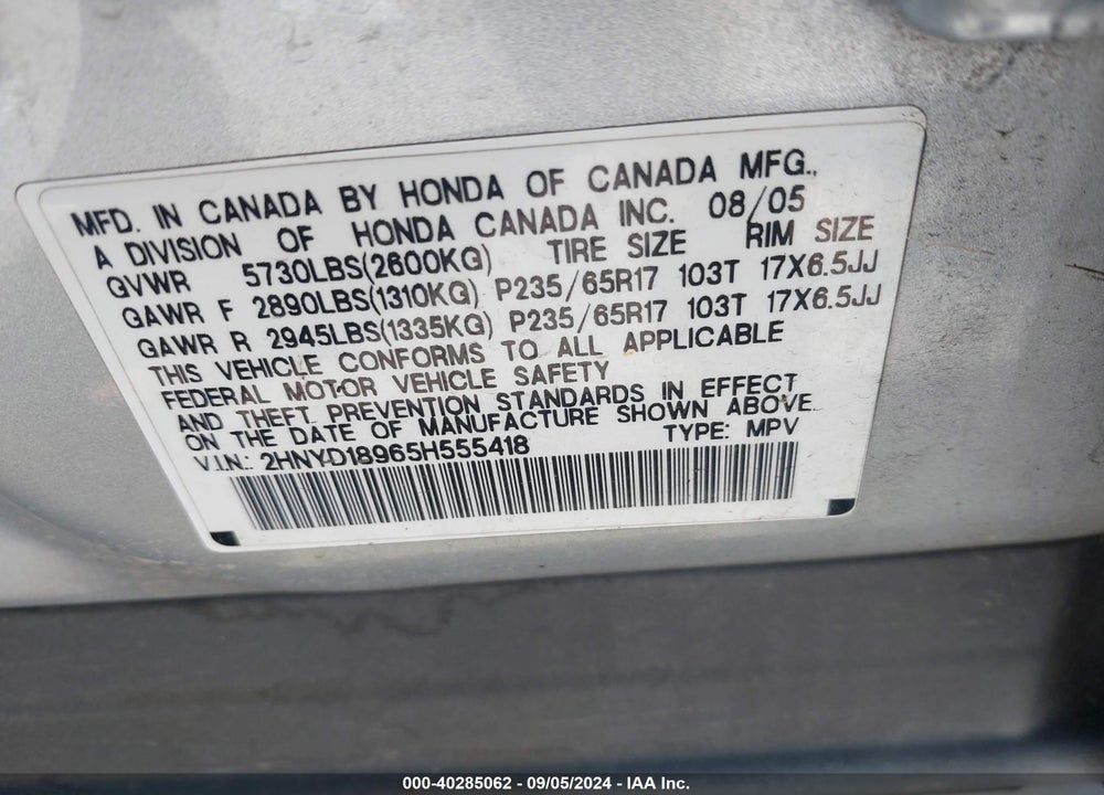 2005 ACURA MDX VIN: 2HNYD18965H555418