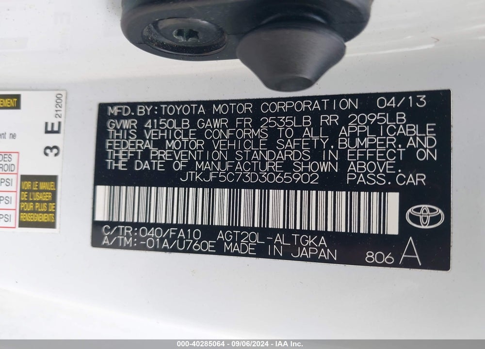 2013 SCION TC BASE (A6) VIN: JTKJF5C73D3065902