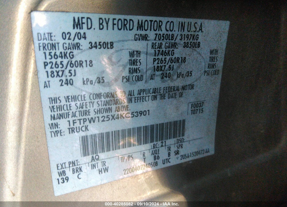 2004 FORD F-150 LARIAT/XLT VIN: 1FTPW125X4KC53901
