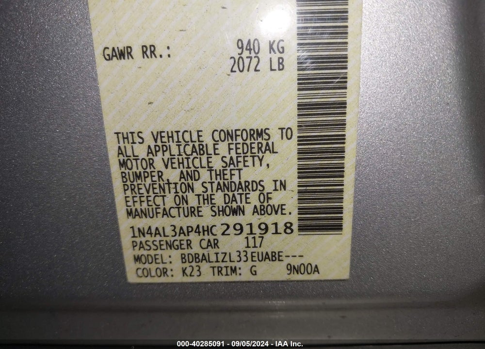 2017 NISSAN ALTIMA 2.5 SV VIN: 1N4AL3AP4HC291918