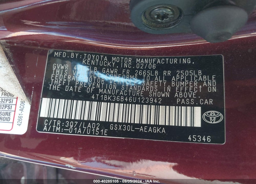 2006 TOYOTA AVALON XLS VIN: 4T1BK36B46U123942