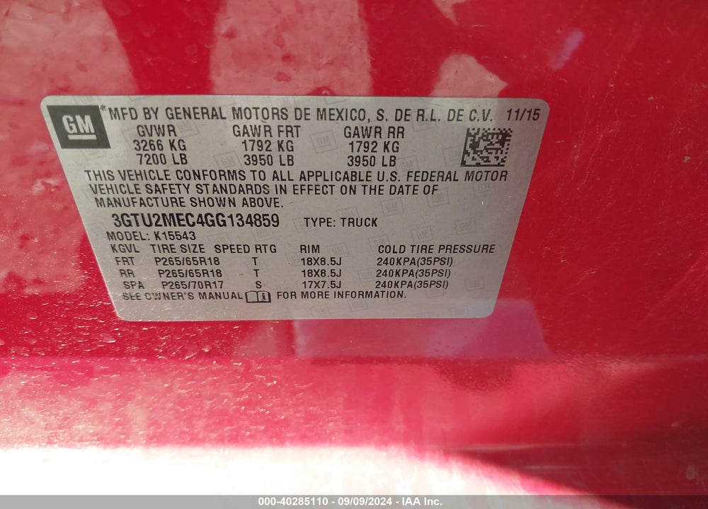 2016 GMC SIERRA 1500 SLE VIN: 3GTU2MEC4GG134859