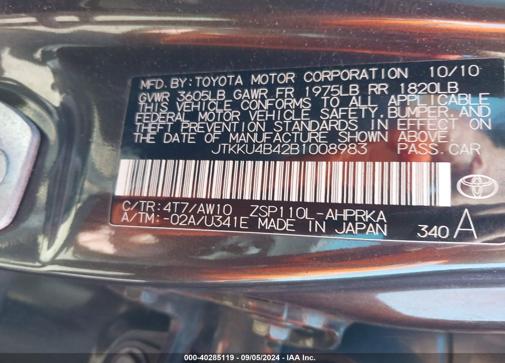 2011 SCION XD VIN: JTKKU4B42B1008983