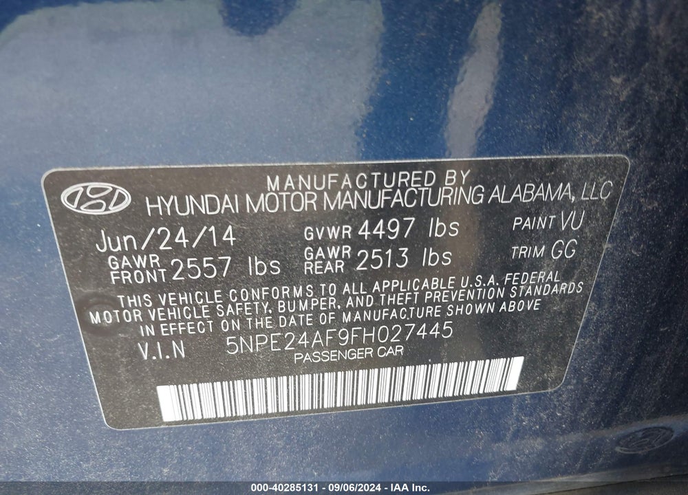2015 HYUNDAI SONATA SE VIN: 5NPE24AF9FH027445