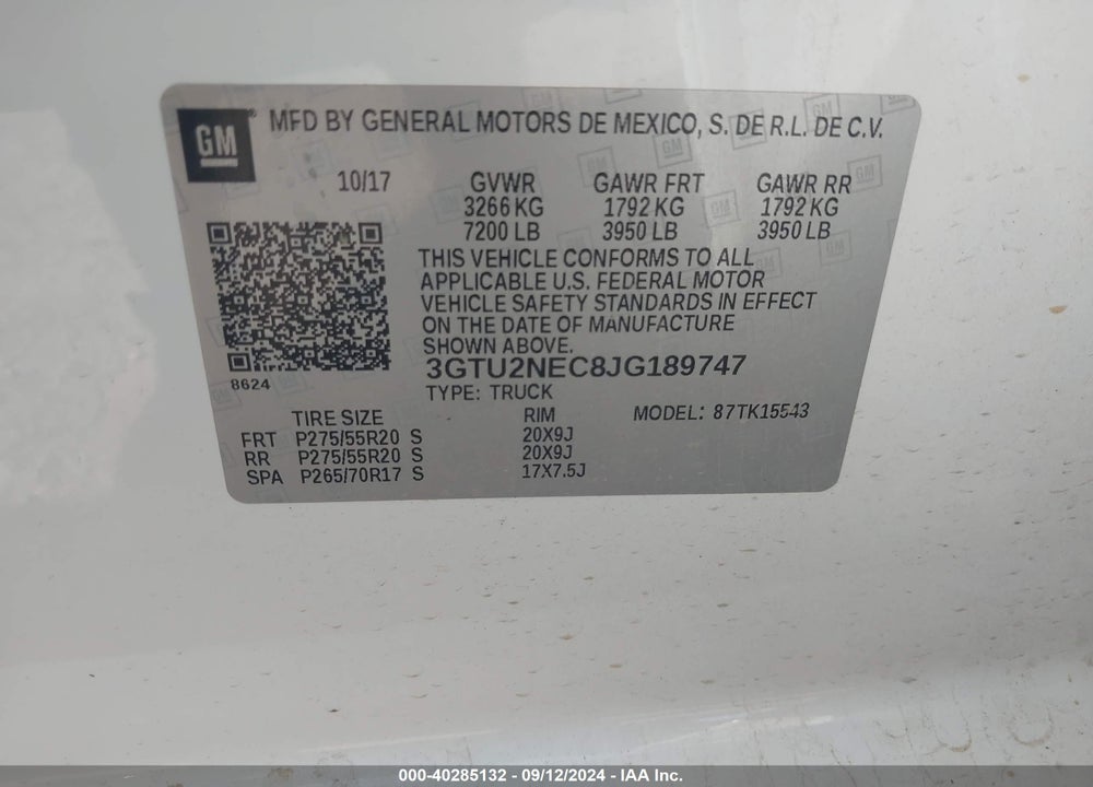 2018 GMC SIERRA 1500 SLT VIN: 3GTU2NEC8JG189747