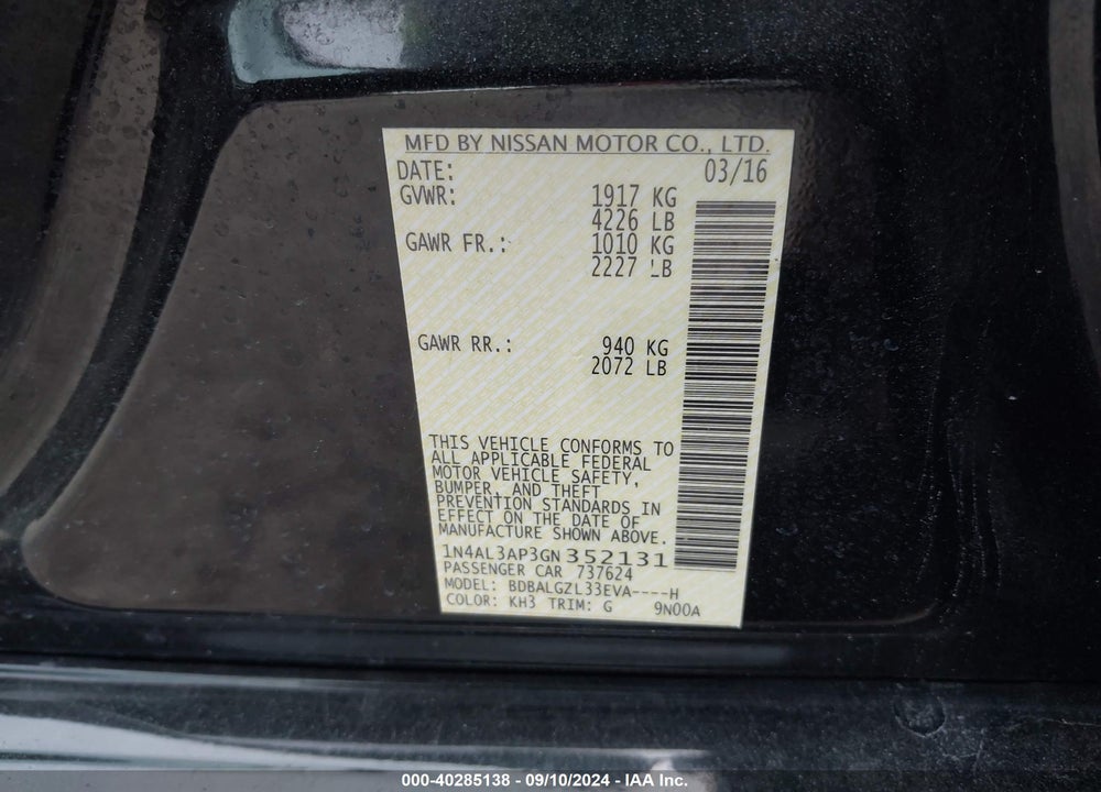2016 NISSAN ALTIMA 2.5 S VIN: 1N4AL3AP3GN352131