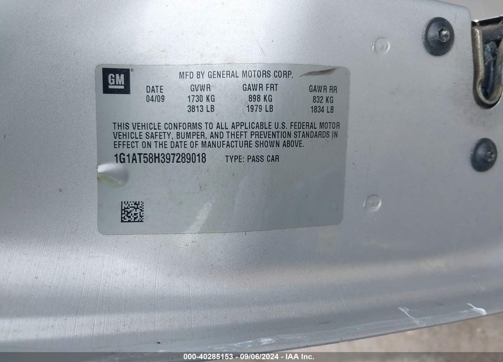 2009 CHEVROLET COBALT LT VIN: 1G1AT58H397289018
