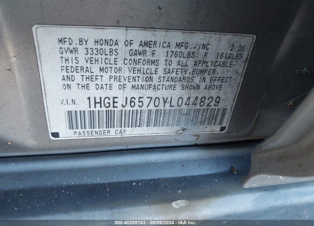 2000 HONDA CIVIC LX VIN: 1HGEJ6570YL044829