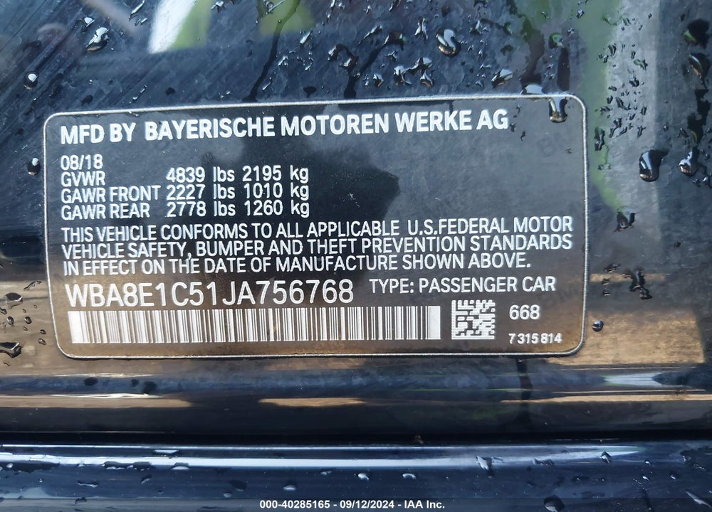 2018 BMW 330E IPERFORMANCE VIN: WBA8E1C51JA756768