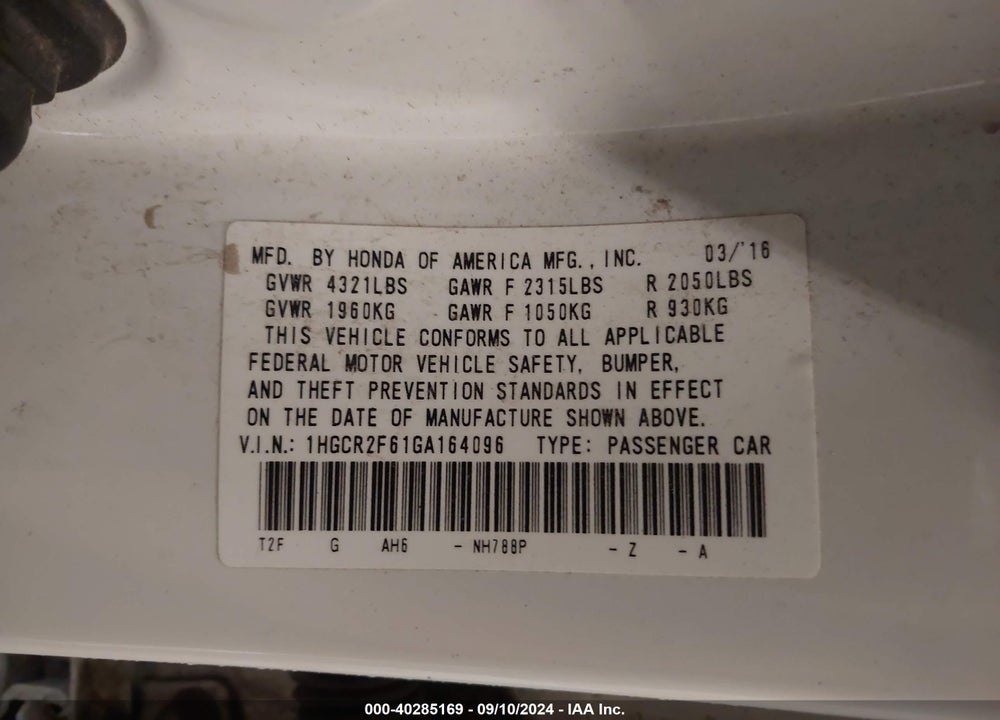 2016 HONDA ACCORD SPORT VIN: 1HGCR2F61GA164096