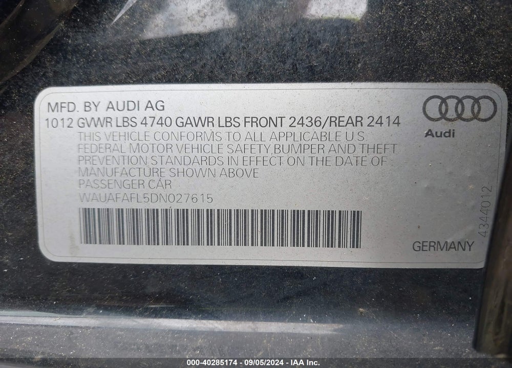 2013 AUDI A4 2.0T PREMIUM VIN: WAUAFAFL5DN027615