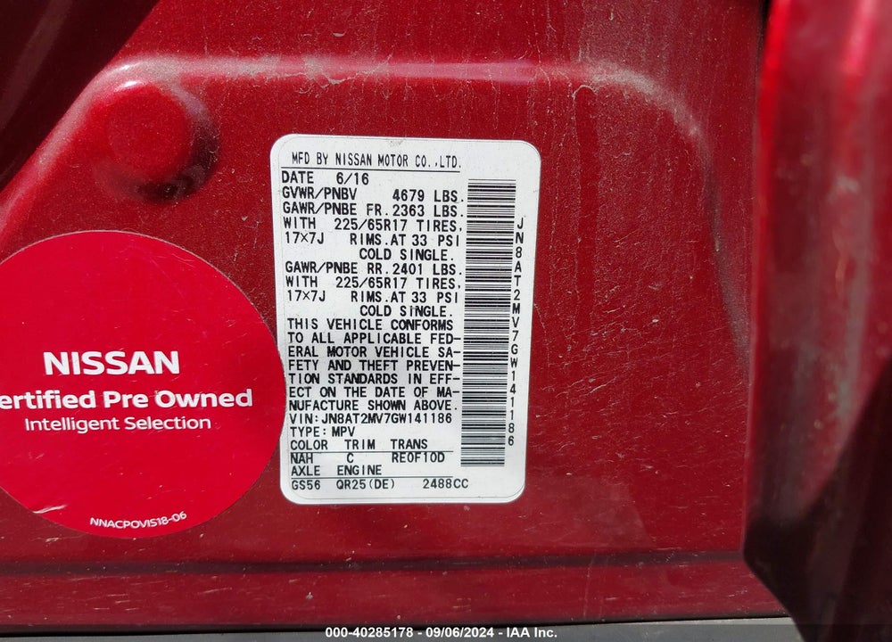 2016 NISSAN ROGUE SV VIN: JN8AT2MV7GW141186