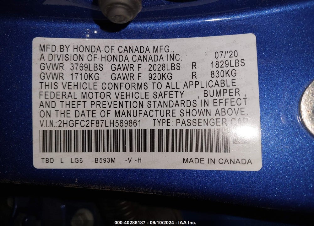 2020 HONDA CIVIC SPORT VIN: 2HGFC2F87LH569861