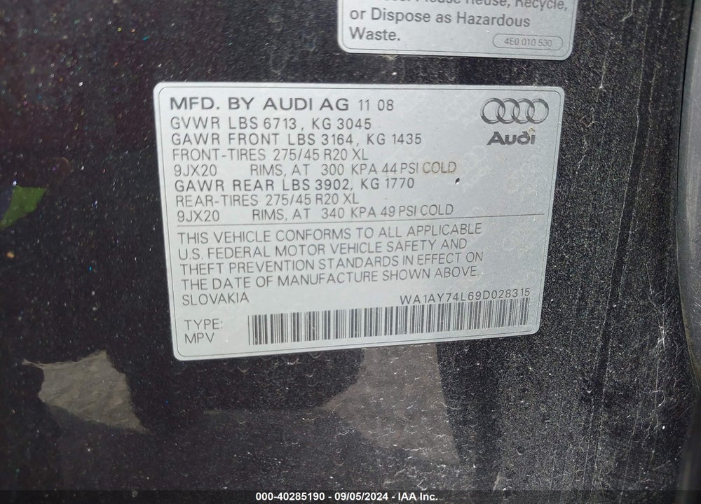 2009 AUDI Q7 3.6 PREMIUM VIN: WA1AY74L69D028315