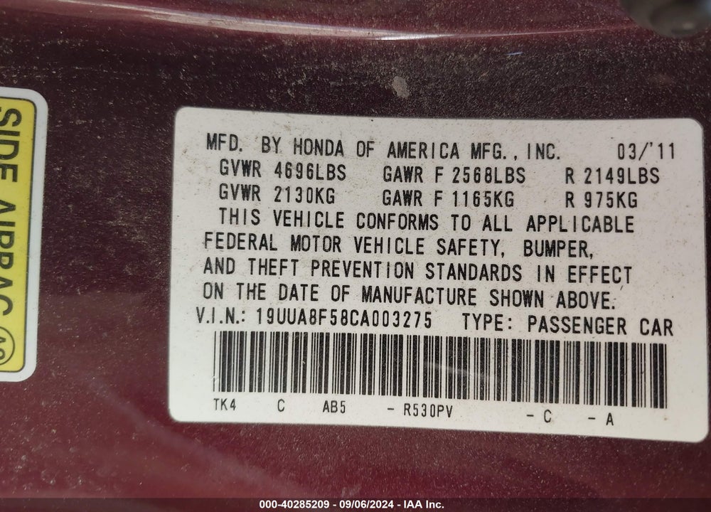 2012 ACURA TL 3.5 VIN: 19UUA8F58CA003275