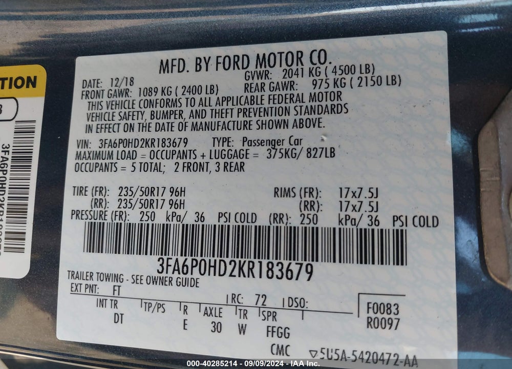 2019 FORD FUSION SE VIN: 3FA6P0HD2KR183679