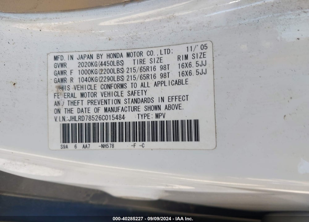 2006 HONDA CR-V LX VIN: JHLRD78526C015484