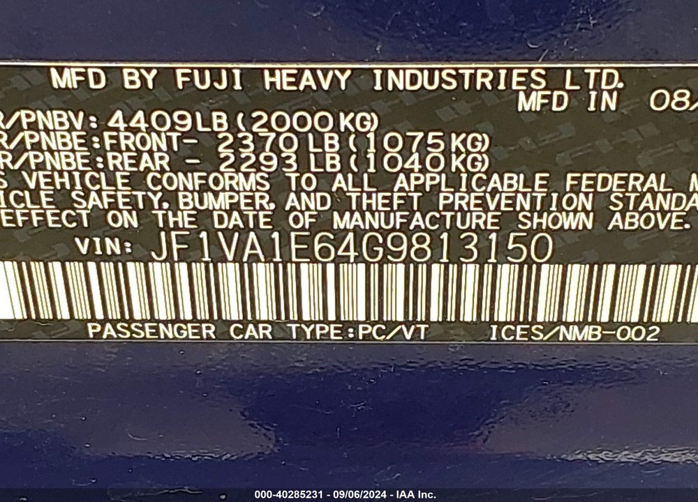 2016 SUBARU WRX PREMIUM VIN: JF1VA1E64G9813150