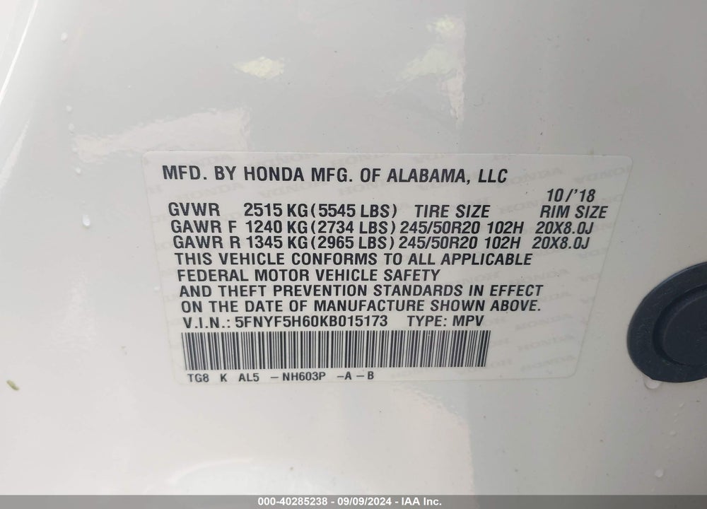 2019 HONDA PILOT TOURING VIN: 5FNYF5H60KB015173