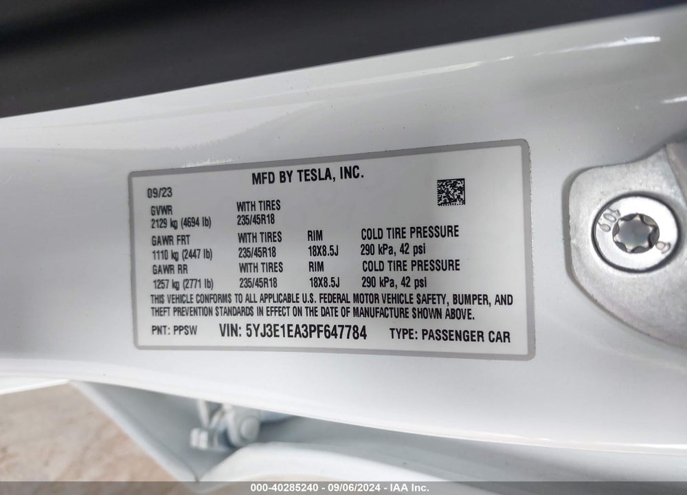 2023 TESLA MODEL 3 REAR-WHEEL DRIVE VIN: 5YJ3E1EA3PF647784