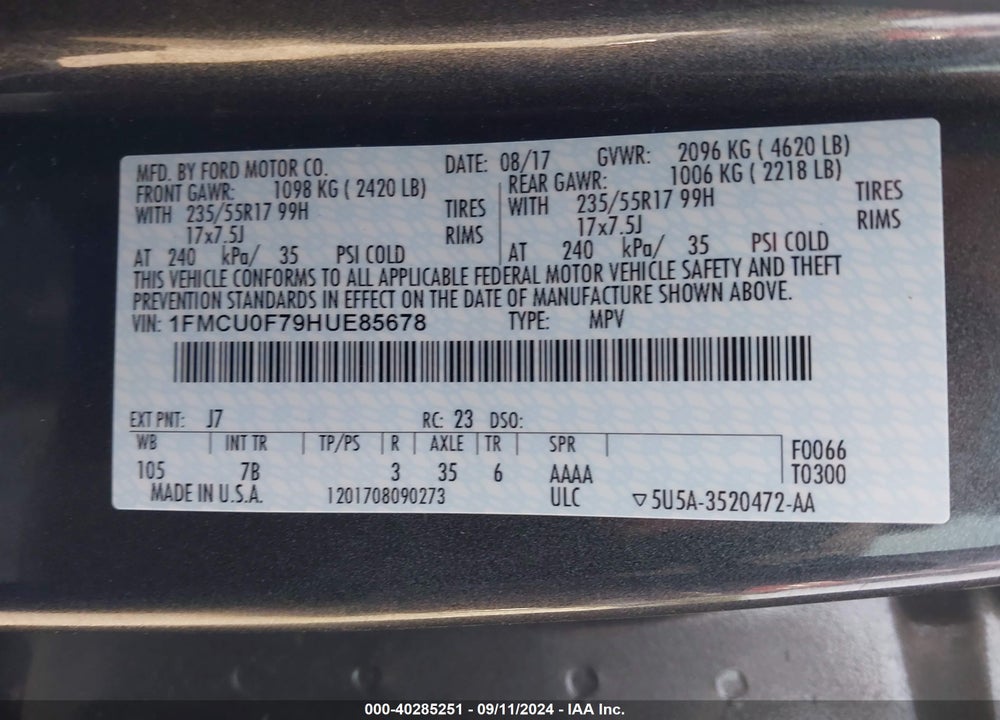 2017 FORD ESCAPE S VIN: 1FMCU0F79HUE85678