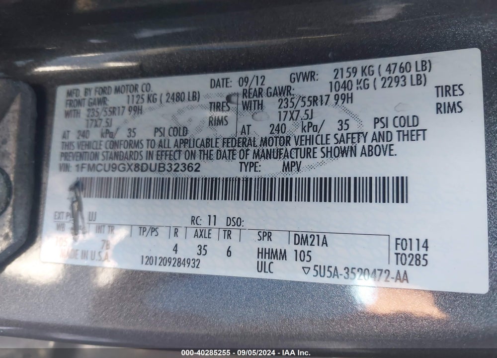 2013 FORD ESCAPE SE VIN: 1FMCU9GX8DUB32362