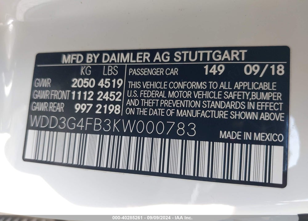 2019 MERCEDES-BENZ A 220 VIN: WDD3G4FB3KW000783