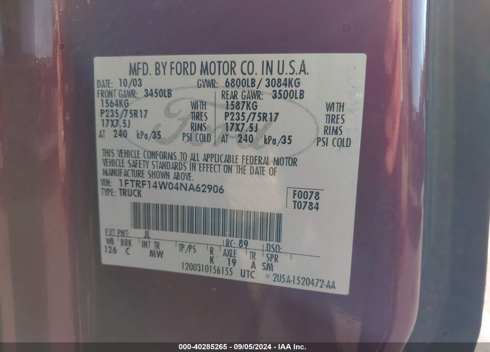 2004 FORD F-150 STX/XL/XLT VIN: 1FTRF14W04NA62906