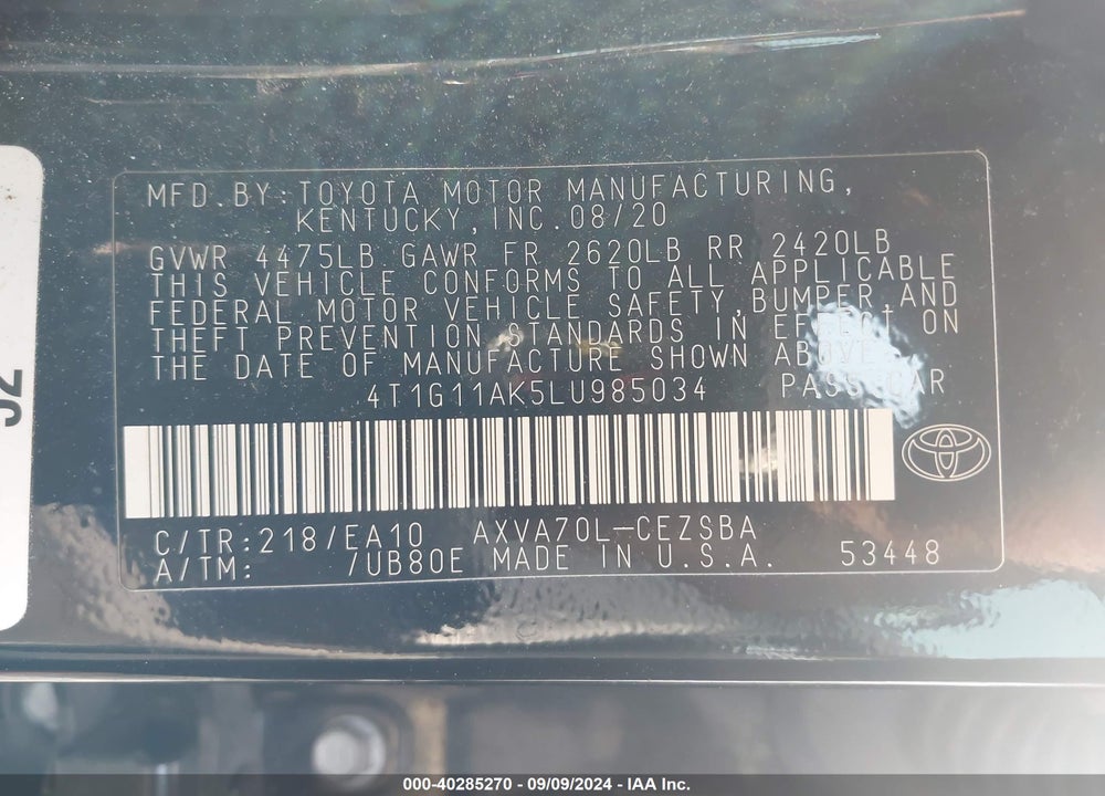 2020 TOYOTA CAMRY SE VIN: 4T1G11AK5LU985034
