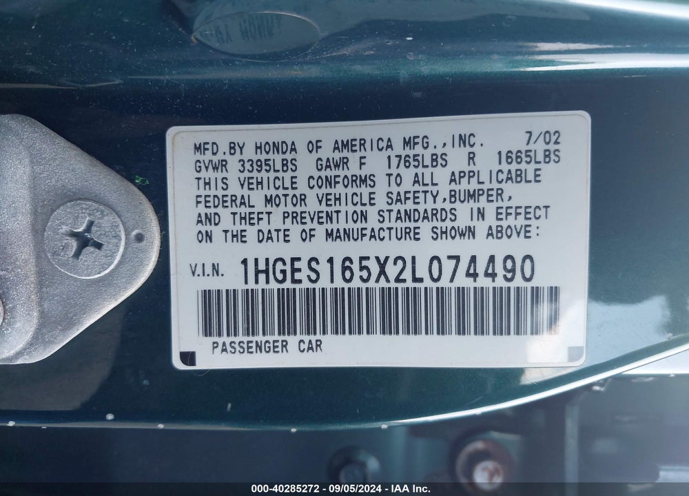 2002 HONDA CIVIC LX VIN: 1HGES165X2L074490