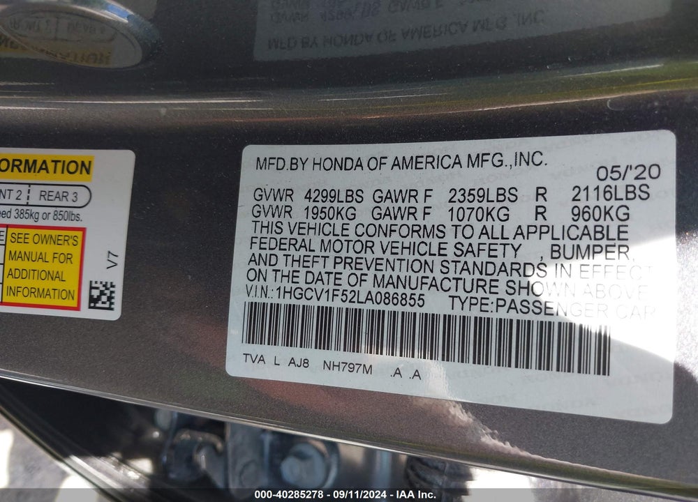 2020 HONDA ACCORD VIN: 1HGCV1F52LA086855