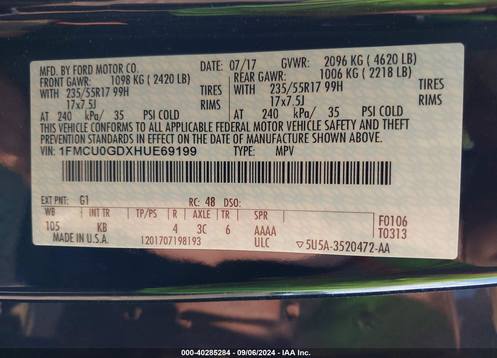 2017 FORD ESCAPE SE VIN: 1FMCU0GDXHUE69199