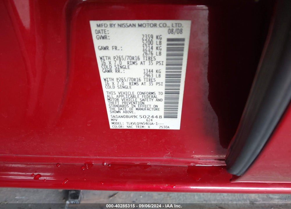 2009 NISSAN XTERRA X VIN: 5N1AN08U49C502448
