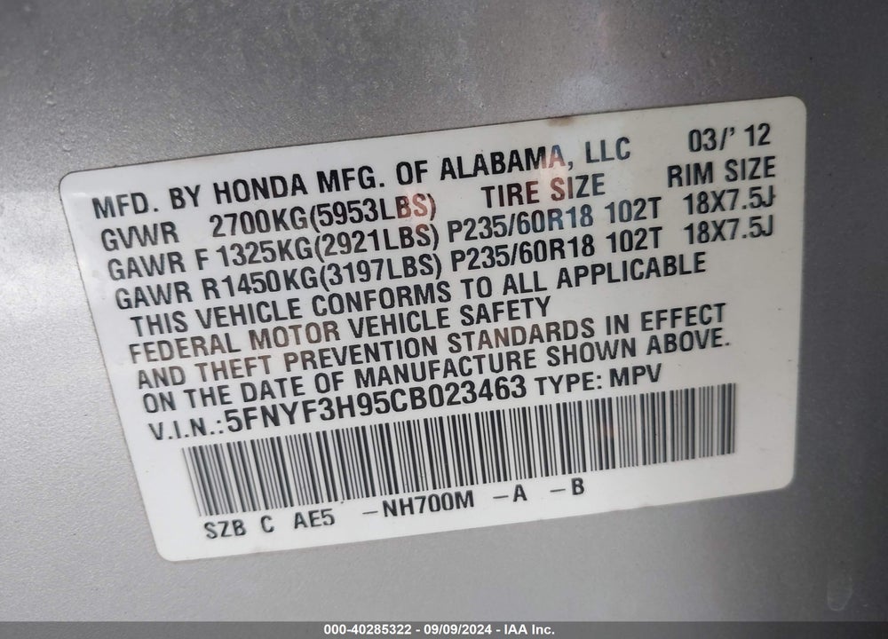 2012 HONDA PILOT TOURING VIN: 5FNYF3H95CB023463