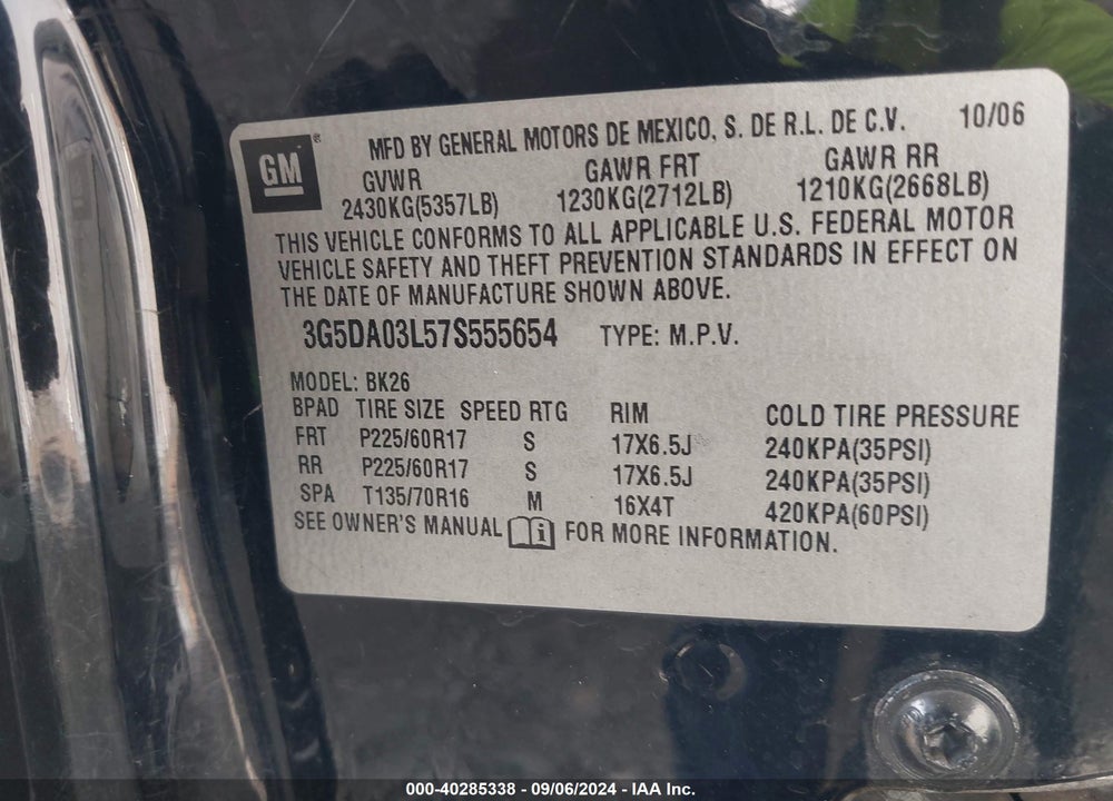 2007 BUICK RENDEZVOUS CX VIN: 3G5DA03L57S555654