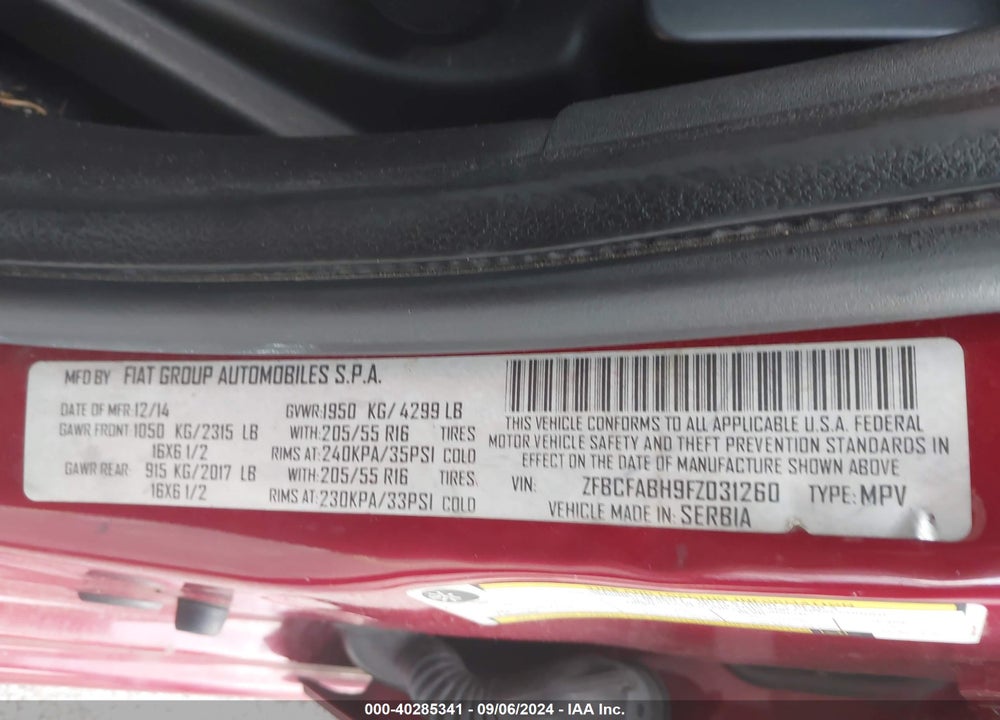 2015 FIAT 500L EASY VIN: ZFBCFABH9FZ031260