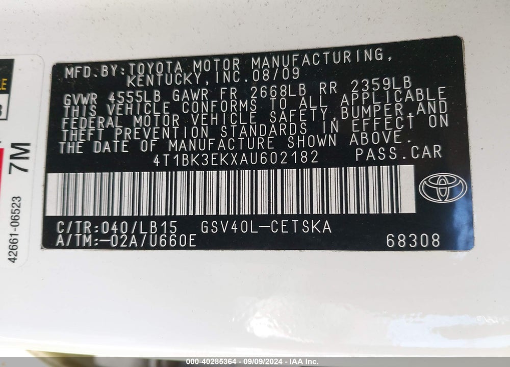 2010 TOYOTA CAMRY SE V6 VIN: 4T1BK3EKXAU602182