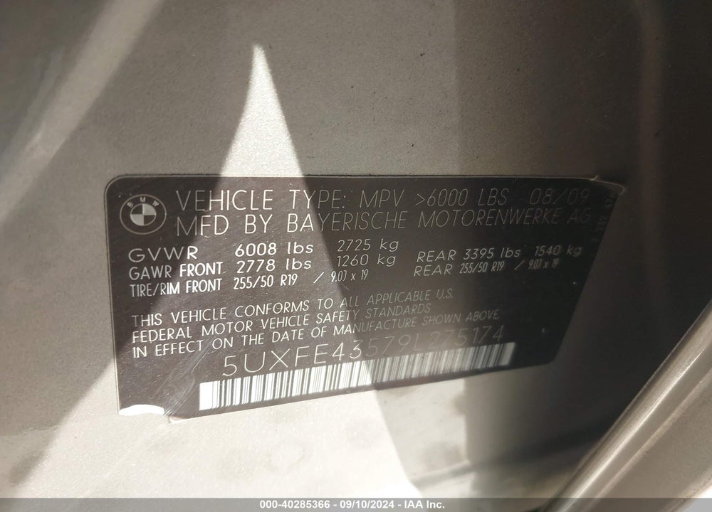 2009 BMW X5 XDRIVE30I VIN: 5UXFE43579L275174