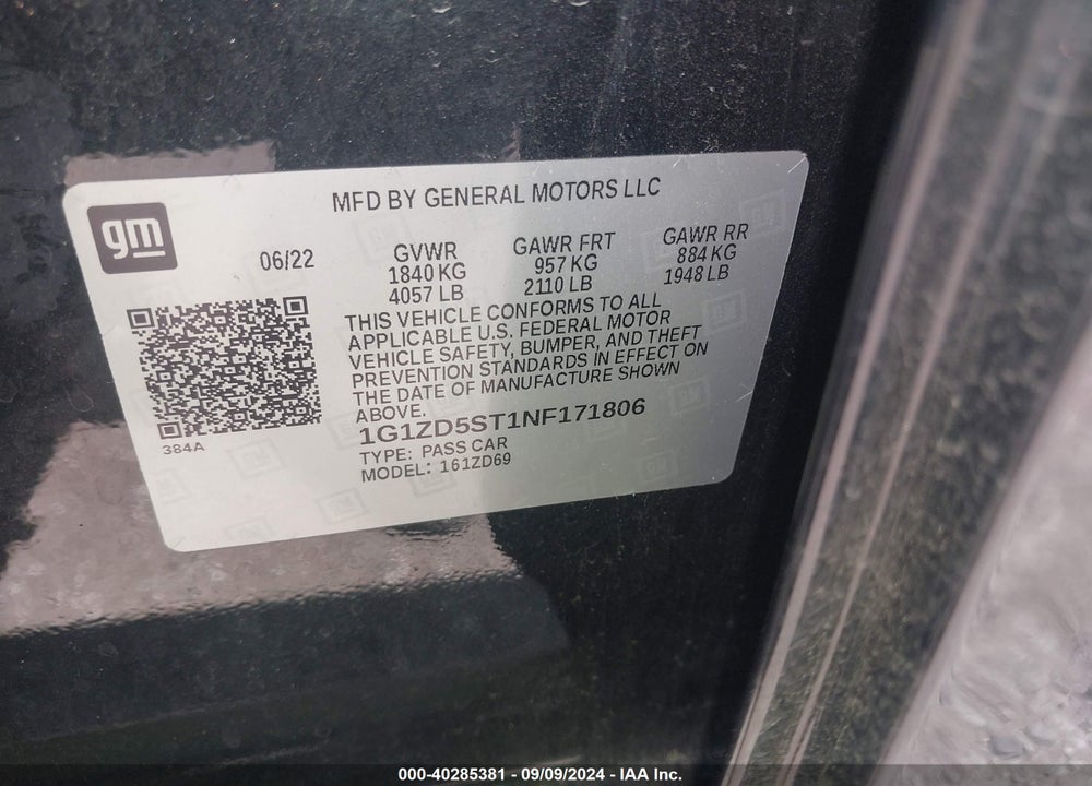 2022 CHEVROLET MALIBU FWD LT VIN: 1G1ZD5ST1NF171806