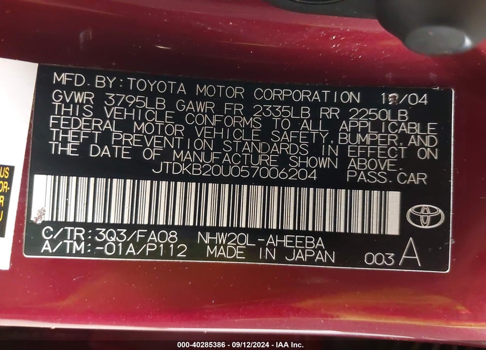 2005 TOYOTA PRIUS VIN: JTDKB20U057006204