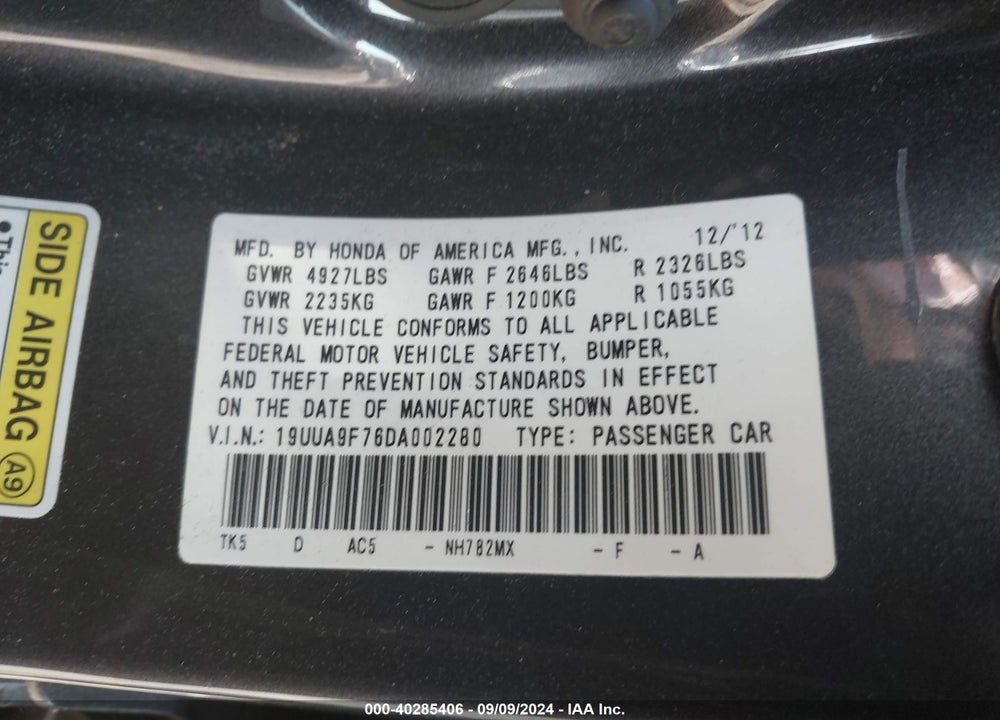 2013 ACURA TL 3.7 VIN: 19UUA9F76DA002280