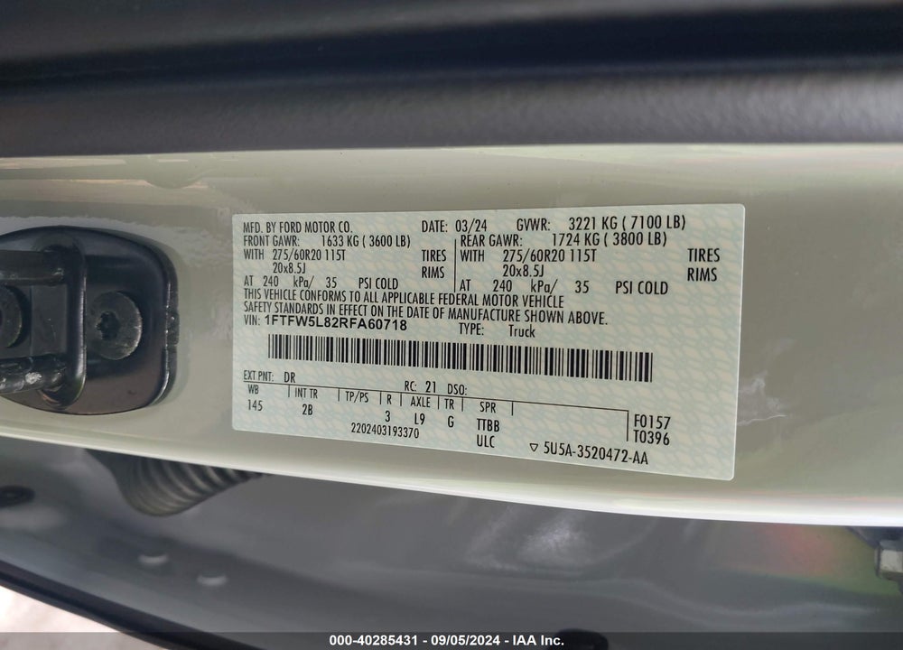 2024 FORD F-150 LARIAT VIN: 1FTFW5L82RFA60718