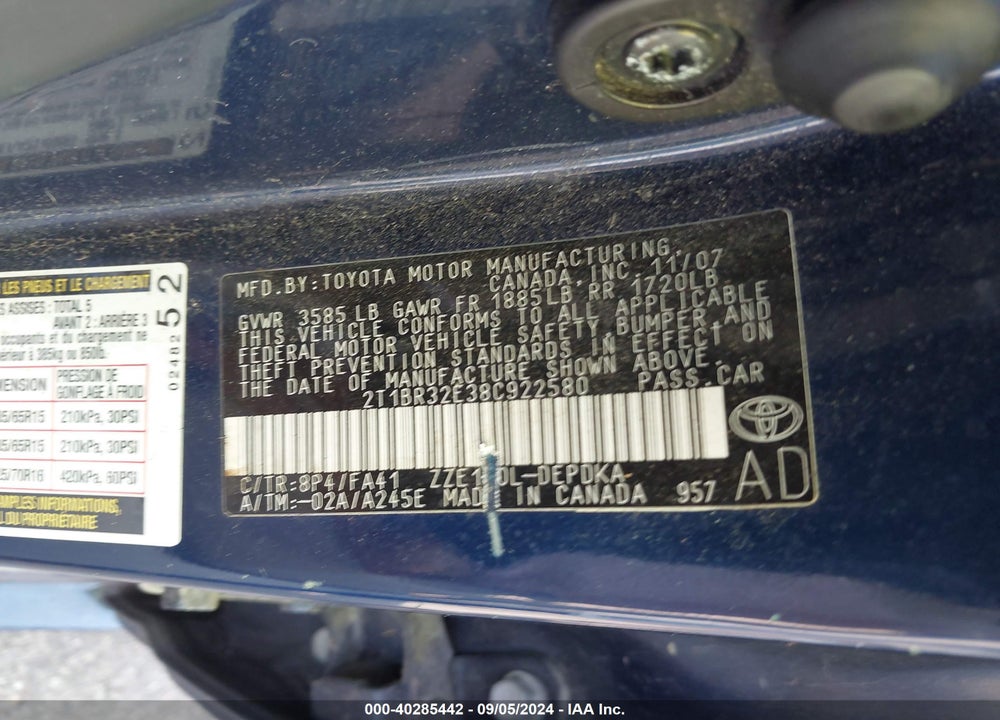 2008 TOYOTA COROLLA CE VIN: 2T1BR32E38C922580