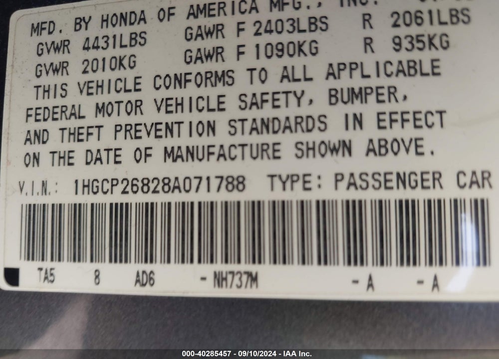 2008 HONDA ACCORD 2.4 EX-L VIN: 1HGCP26828A071788