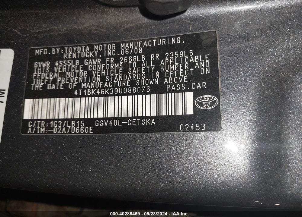 2009 TOYOTA CAMRY SE V6 VIN: 4T1BK46K39U088076