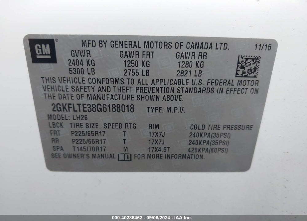 2016 GMC TERRAIN SLE-2 VIN: 2GKFLTE38G6188018
